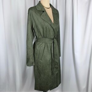 LuLaRoe Luxe Liliane Moleskin Vegan Suede Coat XS Olive Green Belted Soft NWT